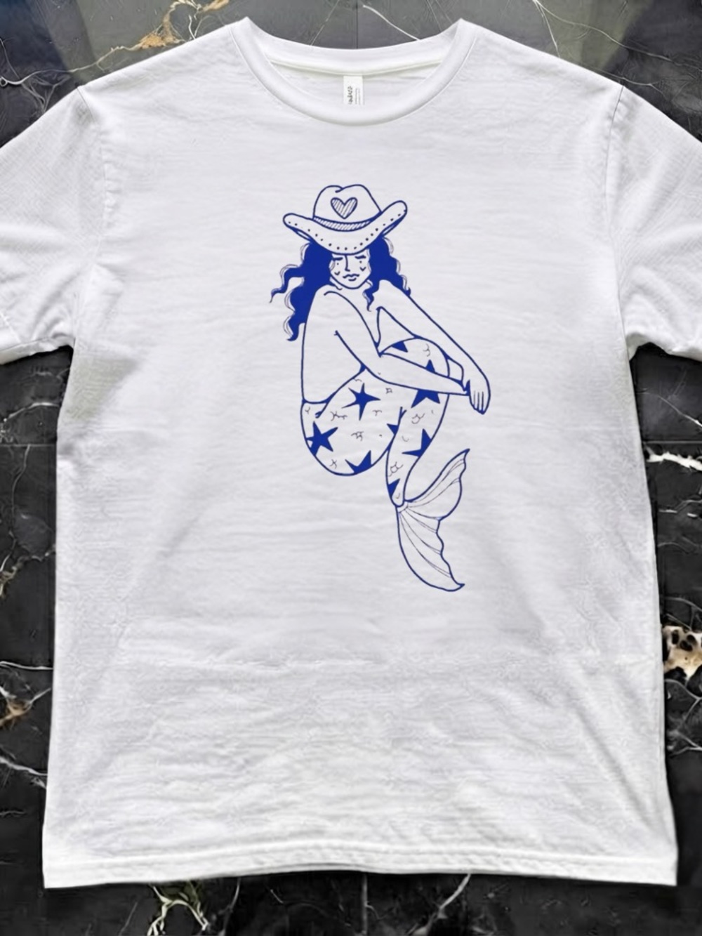 Cowboy Hat Mermaid Starry Tail Blue Outline Vintage White T-Shirt